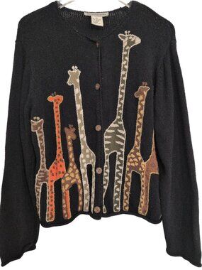 David Brooks Embroidered Giraffe Cardigan Womens Size Large Black Knit Sweater
